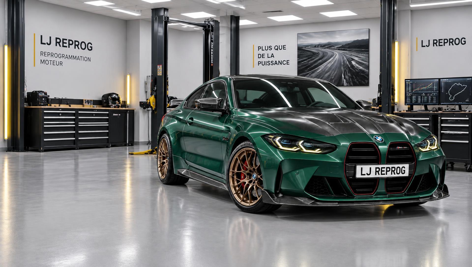 BMW M4 CSL verte dans l'atelier LJ Reprog